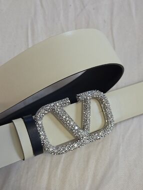 Skinny Valentino Garavani White & Navy Blue Belt Silver Sparkle Buckle